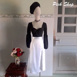 Pick Shop - Ảnh thật - Chân váy lụa trắng dáng dài xẻ tà + áo cổ vuông  V047 - Chân váy chữ A
