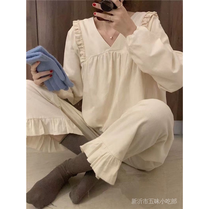 Bộ Đồ Ngủ Tay Dài Cổ Chữ V Dáng Rộng Thời Trang Thu Đông Phong Cách Pháp Mới Cho Nữ