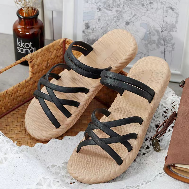 Dép Cao Su Nnựa Quai GIẢ CÓI Chống Nước - Sandal giả cói kẻ - Giày đế bệt nữ đế bệt mùa hè 2022
