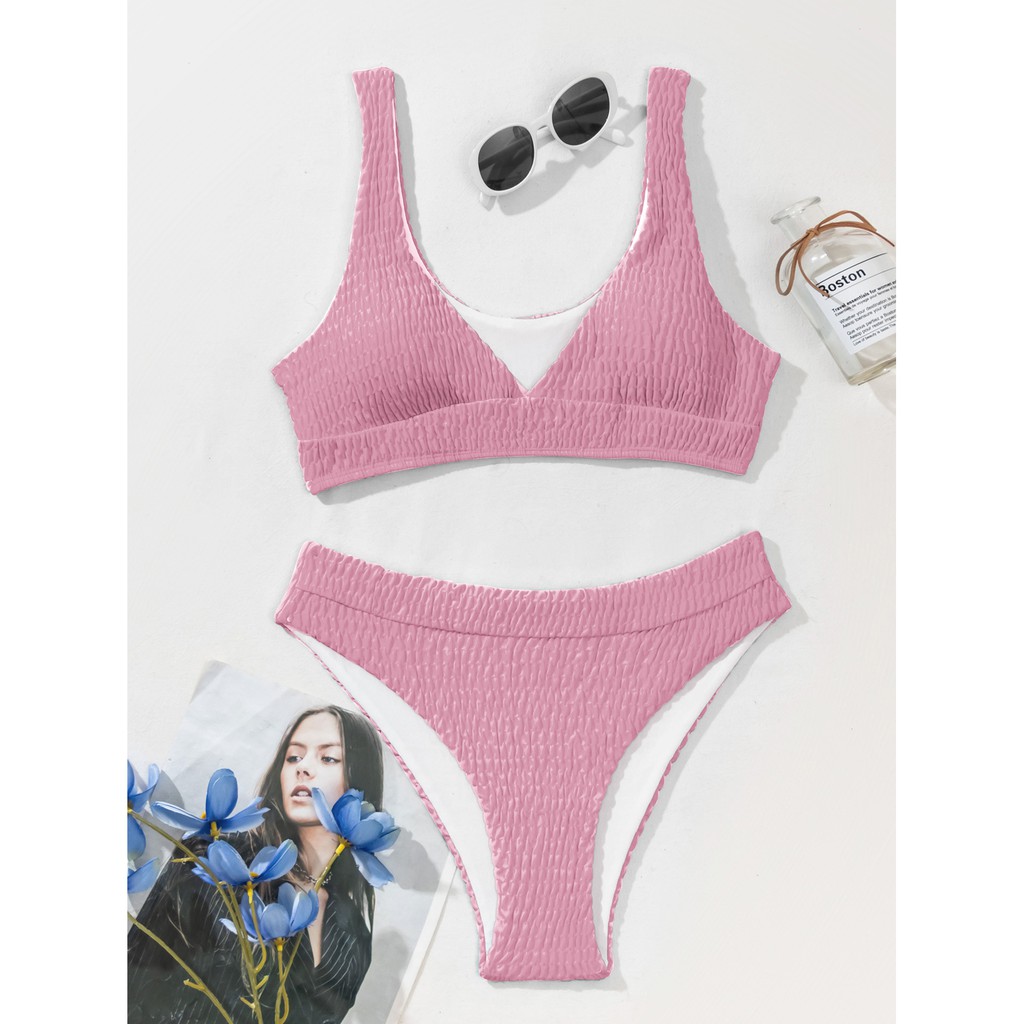 Bikini kiểu xếp ly cổ chữ V màu trơn cho nữ Zms35 | BigBuy360 - bigbuy360.vn