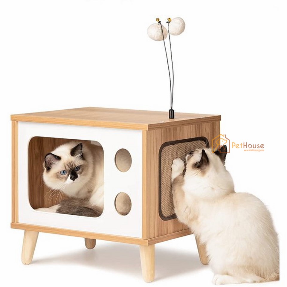 Nhà gỗ cho mèo hình tivi hiện đại sản xuất bởi pethouse chân gỗ hiện đại
