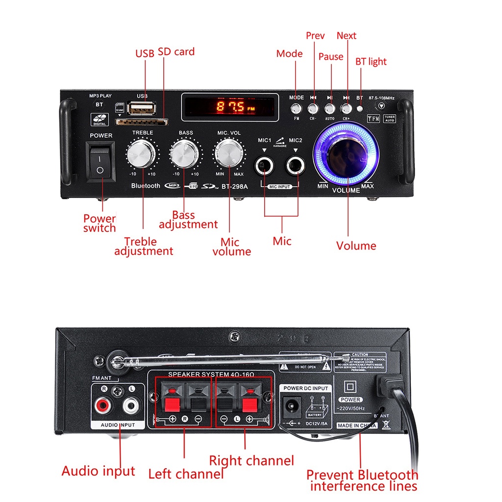 Âm Ly Mini, Amly Mini Bluetooth BT-298A Công Suất 2 Kênh 600W, Tự Động Lọc Nhiễu Và Tạp Âm, Âm Thanh Chuyên Nghiệp