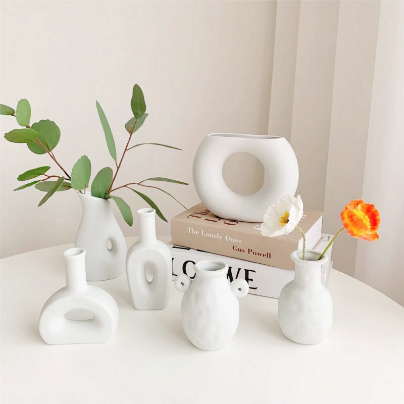 Bình Hoa Bằng Gốm Sứ Màu Trắng Trang Trí Phòng Khách Phong Cách Bắc Âu