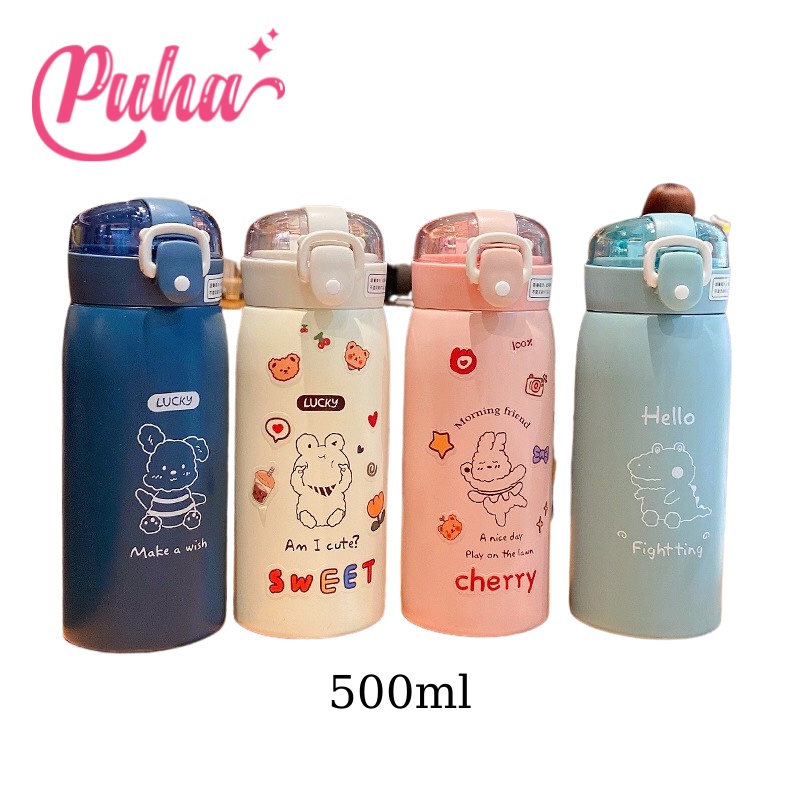 Bình giữ nhiệt PUHA chất liệu inox 304 giữ nóng lạnh, bình nước có ống hút dung tích 500ml