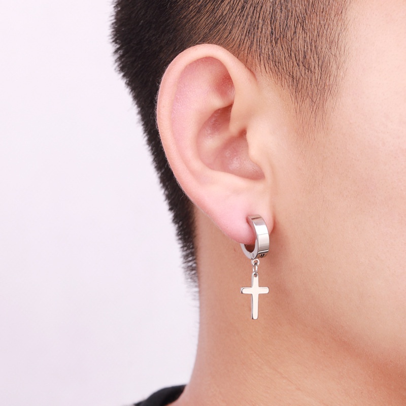 Khuyên tai nam tròn dạng xỏ Merin Accessories màu bạc đen đơn giản đẹp - Hoa tai chữ thập
