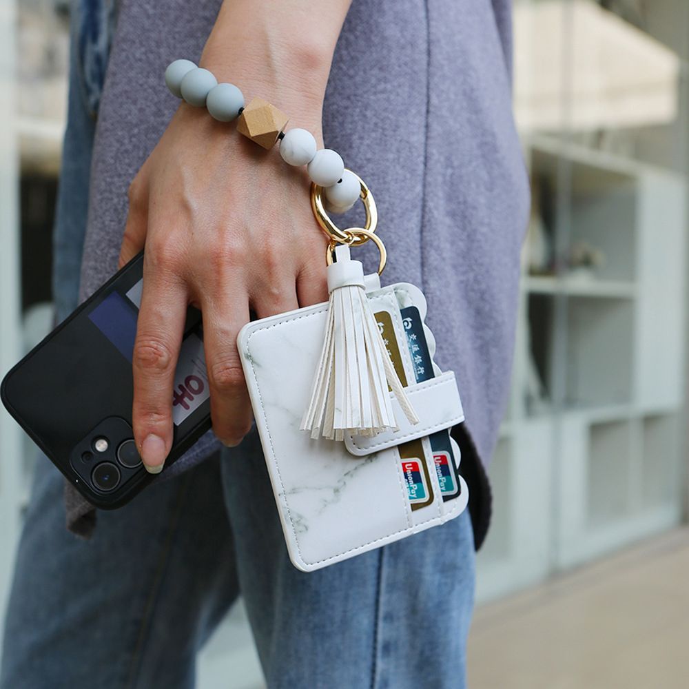 [COD] Women Card Holder Portable Wrist Keychain Wrist wallet Tassel Bangle Credit ID Card Bus Card Bank Card PU Leather Girls Key Ring/Multicolor