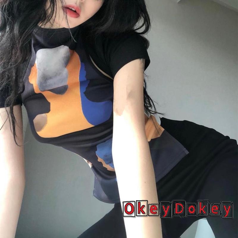 OKDK-Áo thun tay ngắn ôm dáng in hình chân dung đồ họa thời trang cho nữ