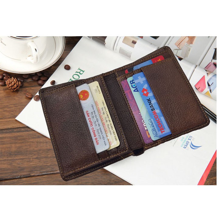 Ví nam da bò dáng đứng, CKV.858 Ví đựng thẻ tiền nam nhiều ngăn có khóa kéo màu nâu