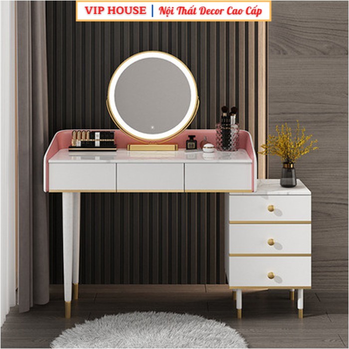 Bàn Trang Điểm Gỗ Hiện Đại Kèm Gương Đèn LED, Bàn Phấn Có Tủ Để Đồ Di Động Makeup Sang Trọng Rộng 100cm LUX-BAP04