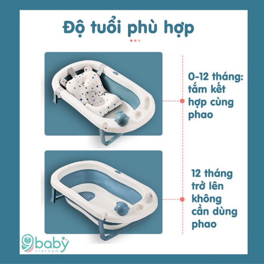 [ẢNH THẬT + VIDEO] Chậu tắm có nhiệt kế cho bé gấp gọn kèm phao màu hồng 9BABY