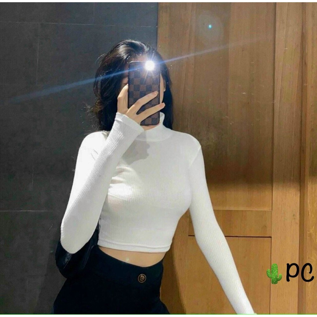 Áo croptop cổ lọ tay dài, có xỏ ngón, thun gân