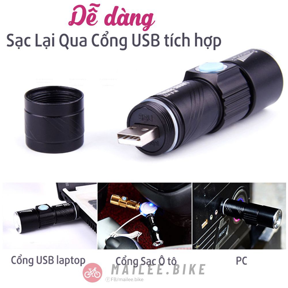 Combo Đèn Pin LED Siêu Sáng Mini Trên Xe Đạp  Đèn Pha Xe Đạp + Đèn LED Cảnh Báo Phía Sau Xe Đạp Giúp An Toàn