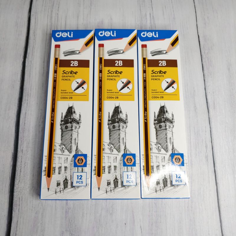 ✅ Bút Chì 2B Deli - Viết Chì Có Đầu Gôm - Scribe - Kẻ Sọc Vàng Sọc Đen - C004-2B