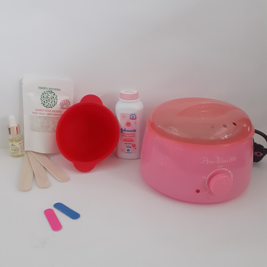 set wax lông đầy đủ:1 nồi prowax 100 + 1 gói sáp mini 50g hương thơm  + 1 chén chống dính + 1 mỡ trăn 10ml +1 phấn 100gr