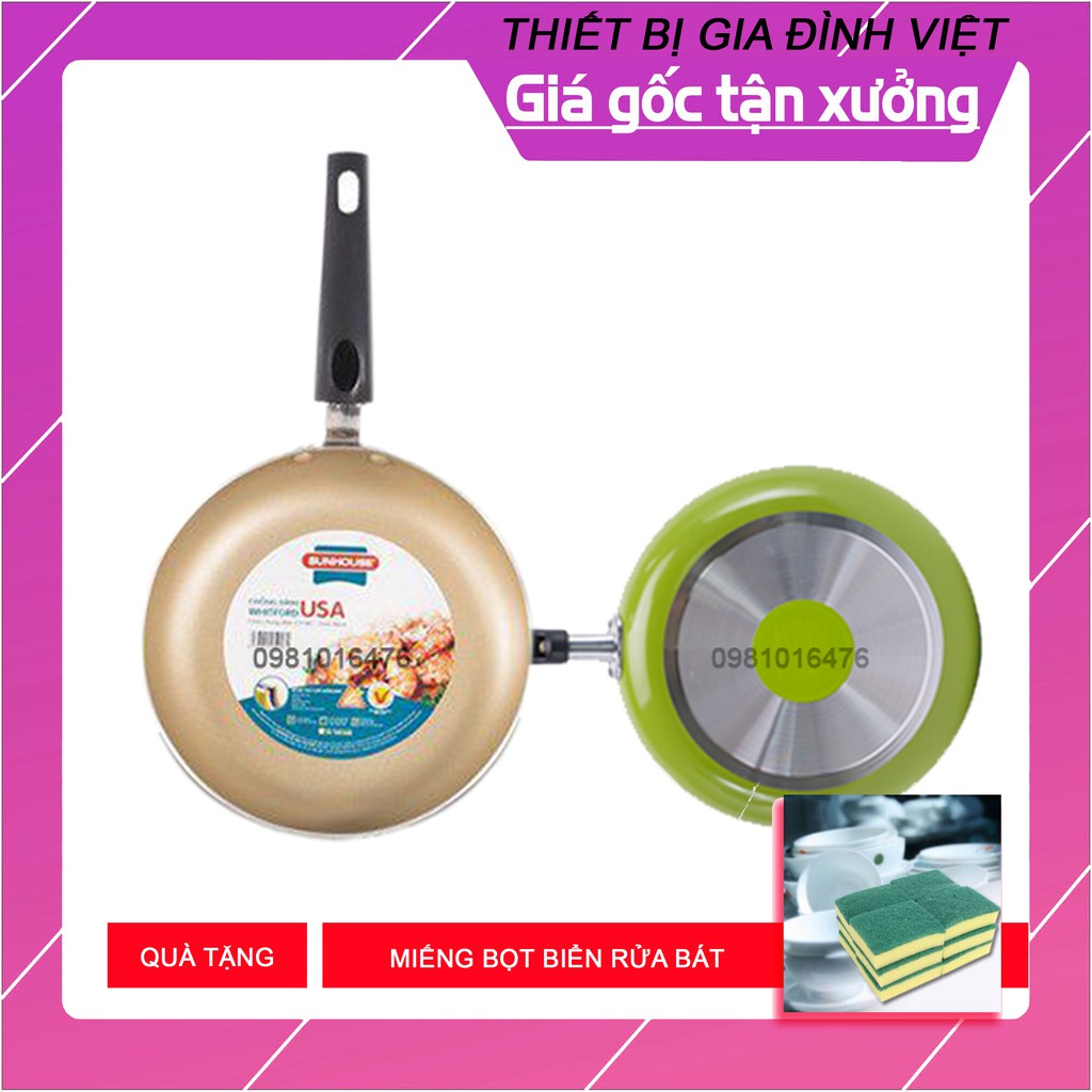 Chảo trơn màu SUNHOUSE 3 lớp chống dính CT18C 18cm + Tặng miếng rửa bát bọt biển