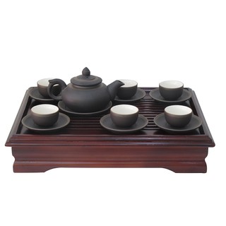 Bộ ấm chén gốm đen lòng trắng kèm khay gỗ