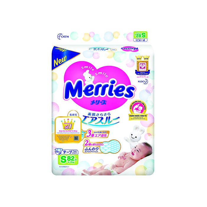 Bỉm dán Merries S82 Nhật Bản (4-8kg) - 1 bịch 82 miếng