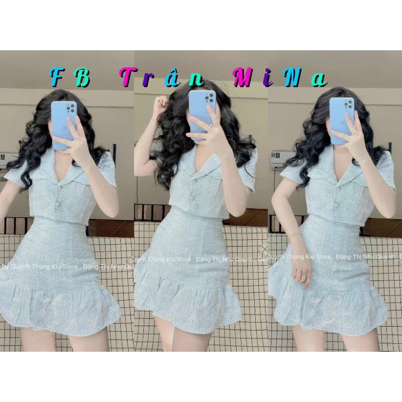 Set áo croptop dạ xanh cổ sen phối chân váy đuôi cá