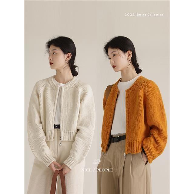 Áo Khoác Cardigan Len Dệt Kim Dày Dáng Rộng Cổ Tròn Dài Tay Phối Khóa Kéo Thời Trang Thu Đông Hàng Mới 2022