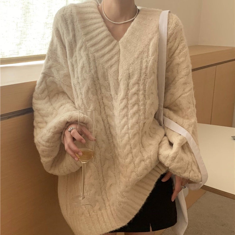 Áo len cổ chữ V dáng rộng thời trang thu đông mới