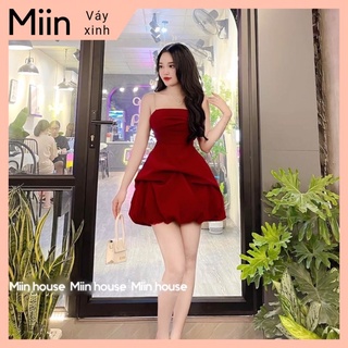 Váy nhung 2 dây xích chân bồng nhún