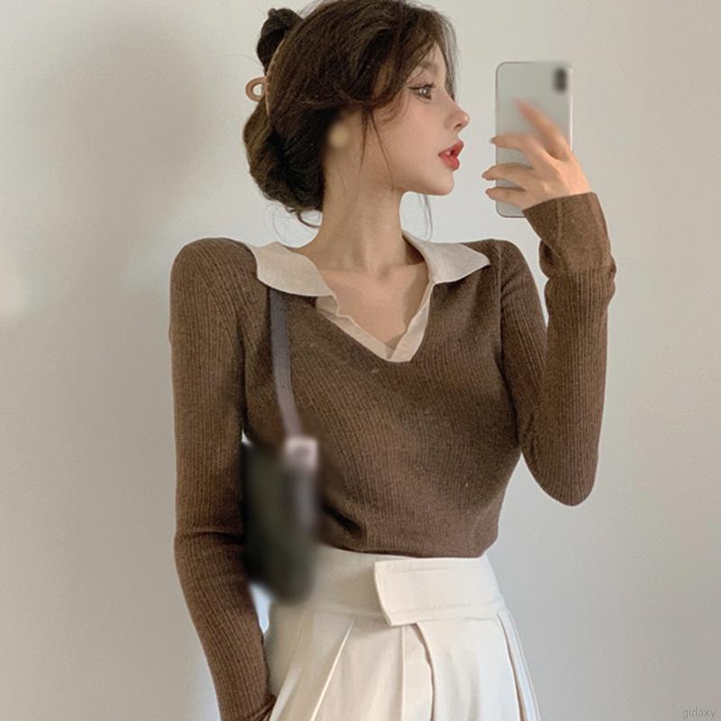 Áo dệt kim tay dài màu sắc đơn giản phong cách Hàn Quốc thời trang cho nữ