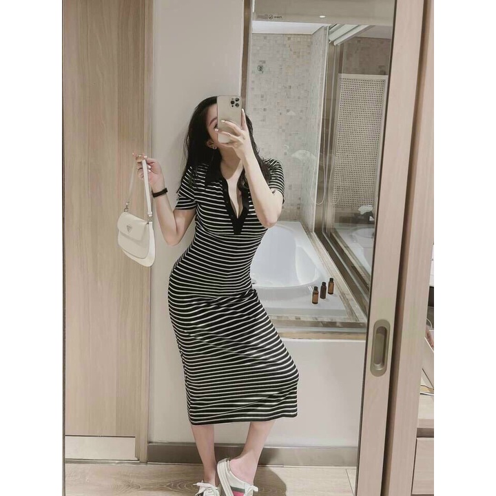 Váy body kẻ cổ bẻ siêu tôn dáng