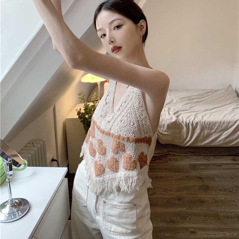 Áo Hai Dây Dệt Kim Cổ Chữ V Phối Tua Rua Quyến Rũ Cho Nữ