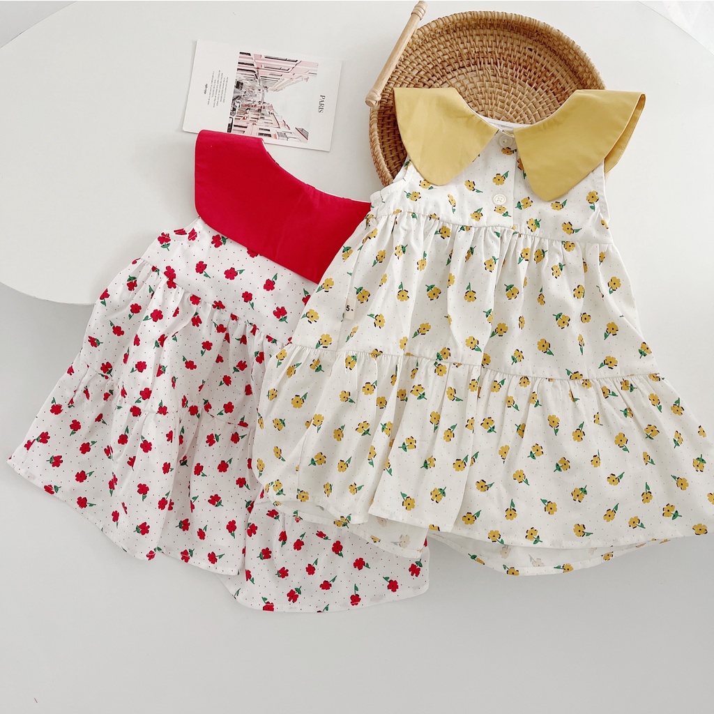 Váy thô đũi hoa nhí cổ sen dáng chữ A mặc hè cho bé gái (8-23 kg)