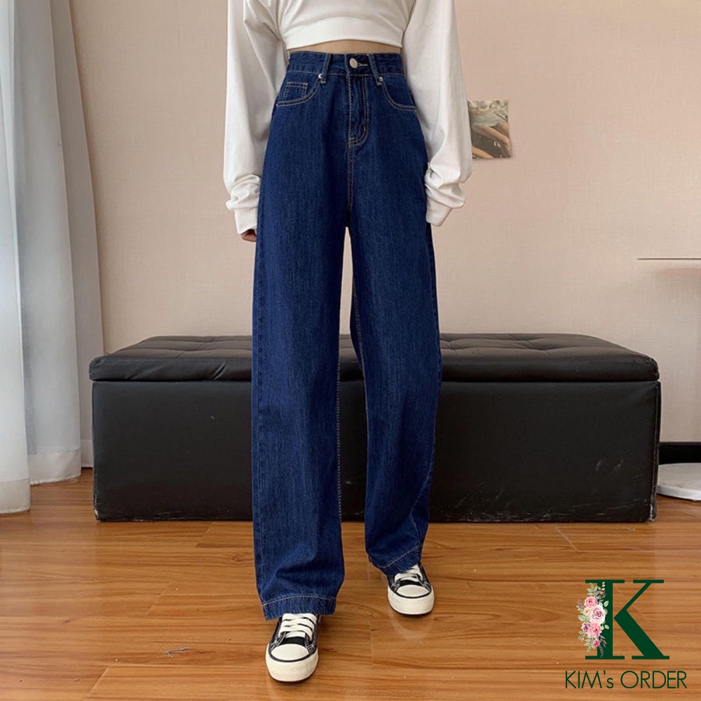 Quần Jean Nữ Cạp Cao Màu Xanh Than Denim Ống Suông Dài Dáng Rộng Phong Cách Ulzzang Chất Liệu Dày Dặn Loại 1 Co Dãn Nhẹ