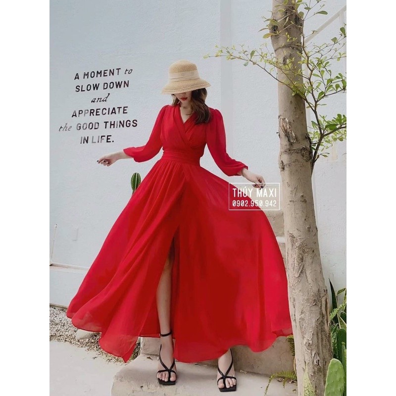 Đầm maxi voan tay dài xẻ tà đi biển du lịch (Có ảnh thật) | BigBuy360 - bigbuy360.vn