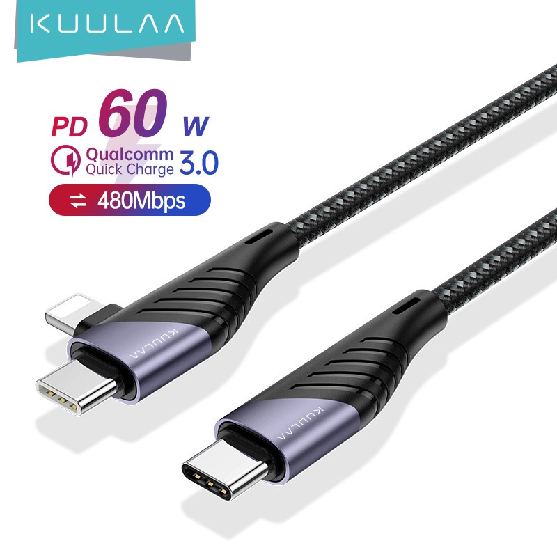Cáp Sạc Nhanh dây dù 2 đầu KUULAA,Đầu Type-C sang Type-C + (65W+20W)