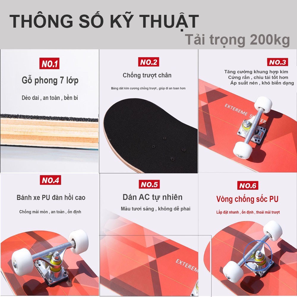 Ván trượt skateboard thể thao chất liệu gỗ phong ép cao cấp 7 lớp MẶT NHÁM