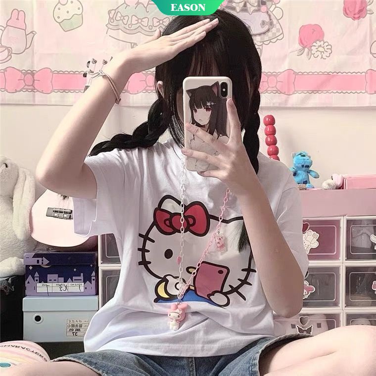 Áo Thun 100% Cotton Tay Ngắn Dáng Rộng In Hình Hello Kitty Dễ Thương Thời Trang Mùa Hè Cho Nữ