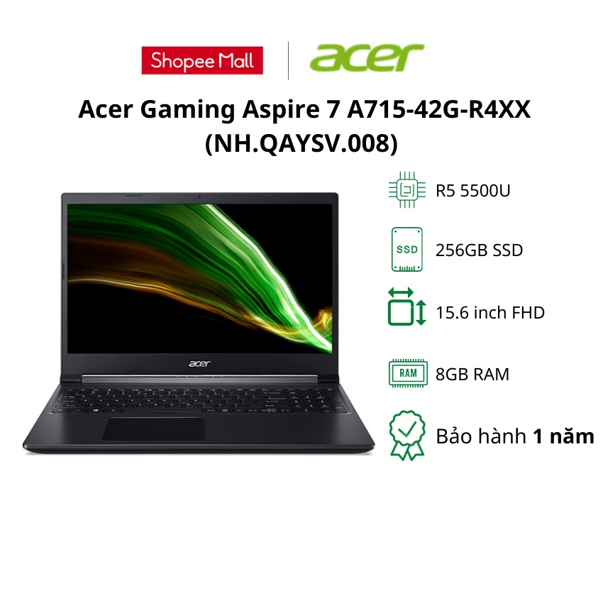 Laptop Acer Aspire 7 A715-42G-R4XX (NH.QAYSV.008)/ Đen/ AMD Ryzen 5 5500U/ RAM 8GB/ 256GB SSD/NVIDIA GTX 1650/15.6&quot; FHD