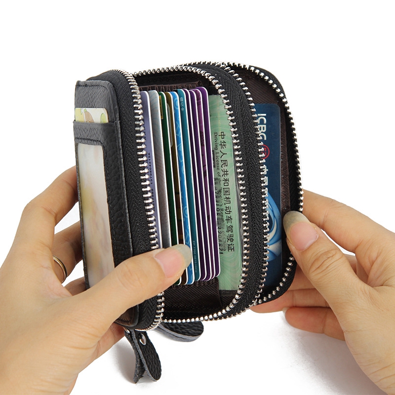 RFID Plus Anti-scanning Leather Organ Card Package Double Zipper Purse with Window Anti-magnetic Business Card Package