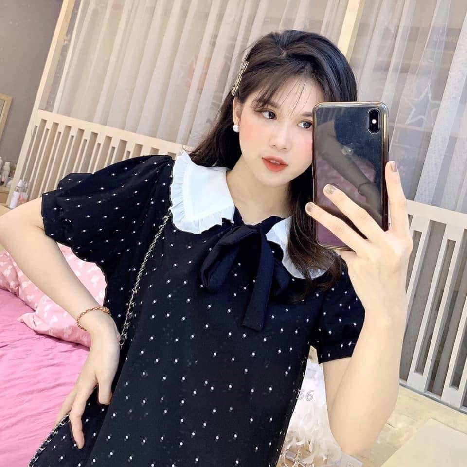 Đầm bầu ngắn tay chấm bi cổ bèo trắng M033 chất chéo thái thời trang thiết kế freesize