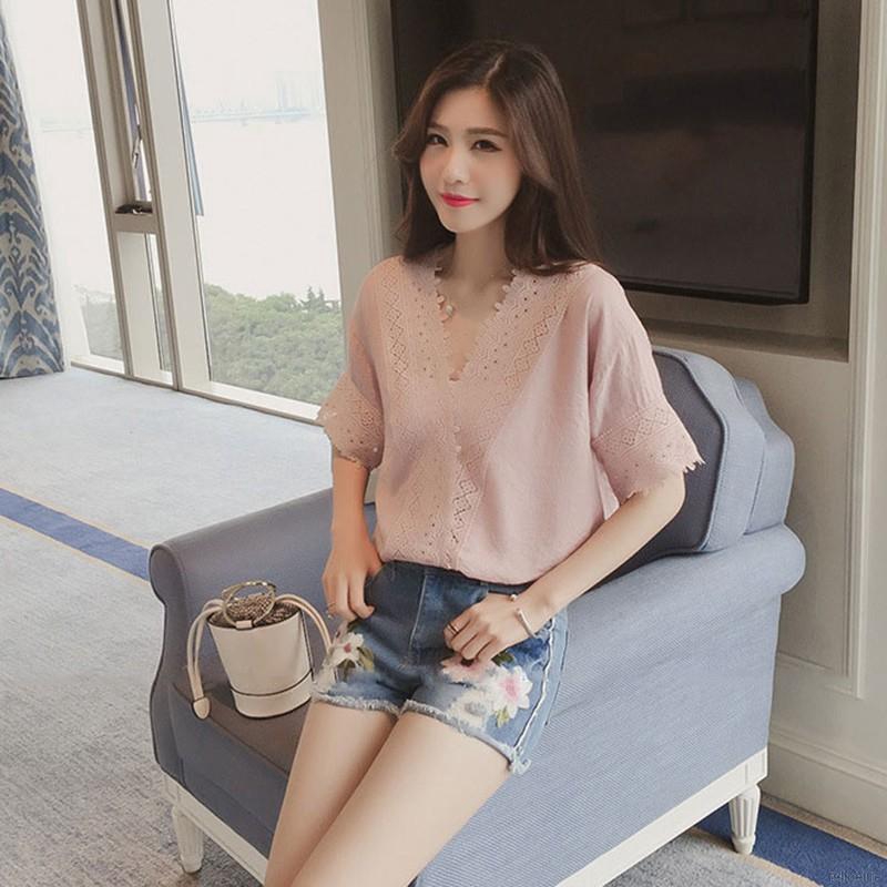 Áo nữ ngắn tay cổ V viền ren màu trơn thời trang nữ