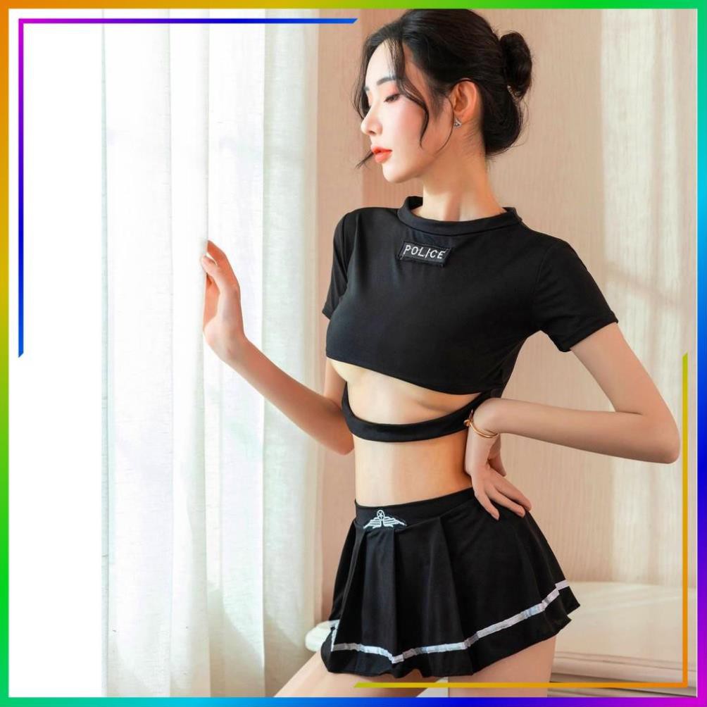 Bộ Đồ Ngủ Cosplay Tiếp Viên Gợi Cảm, Bộ Váy Ngủ C.Ả.N.H S.Á.T Sexy Gổm Mũ + Áo Croptop Cách Điệu + Đầm Dáng Xòe (Đen)
