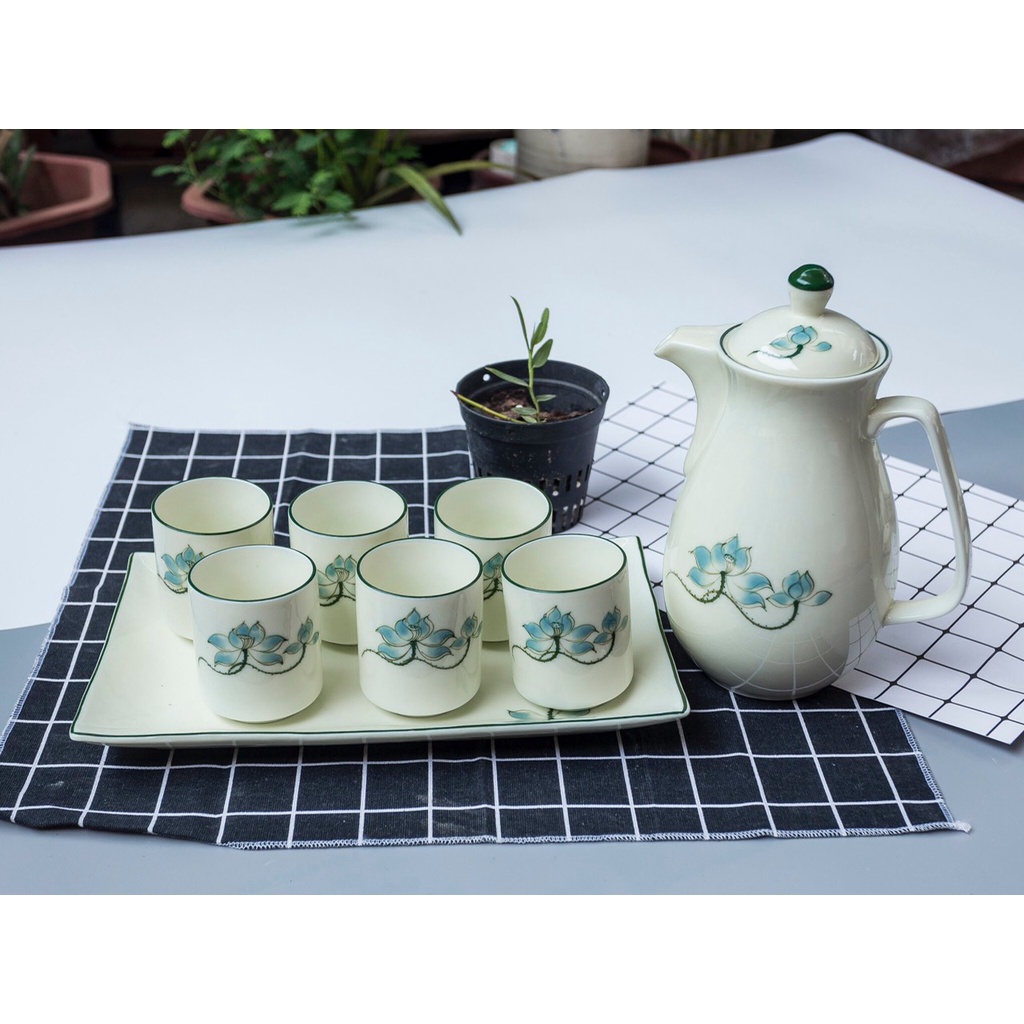 Set Bình Ly Men Kem Lipton Mẫu 1, set ấm chén gốm sứ Bát Tràng loại 1
