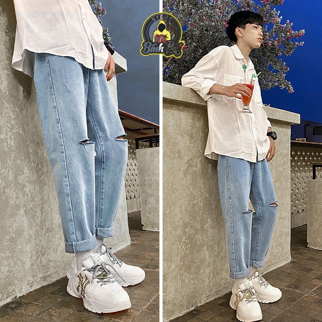 Quần Jean Nam Rách Gối Ống Côn Baggy Dáng Đứng Phong Cách Ulzzang Hàn Quốc | BigBuy360 - bigbuy360.vn