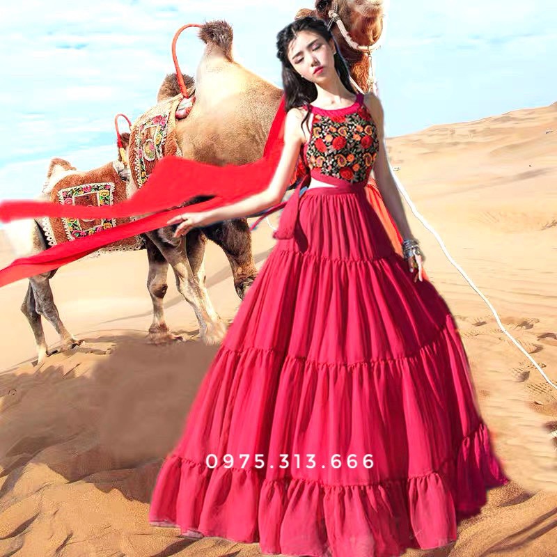 Váy Vintage, Váy Maxi Đi Biển V57, Chất Voan Mềm Mát, Màu Đỏ Phối Thổ Cẩm, Siêu Phẩm Của Tín Đồ Sống Ảo, Mẫu Mới Hè 2021