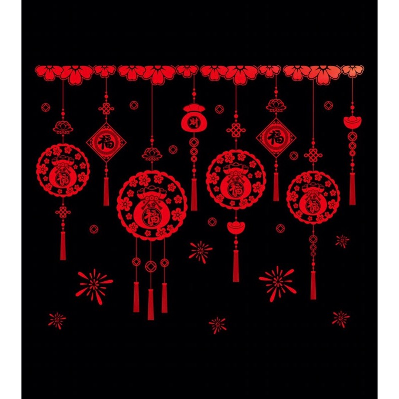 Decal trang trí Tết - Rèm dây vòng túi tiền trong ánh VÀNG - ĐỎ cao cấp