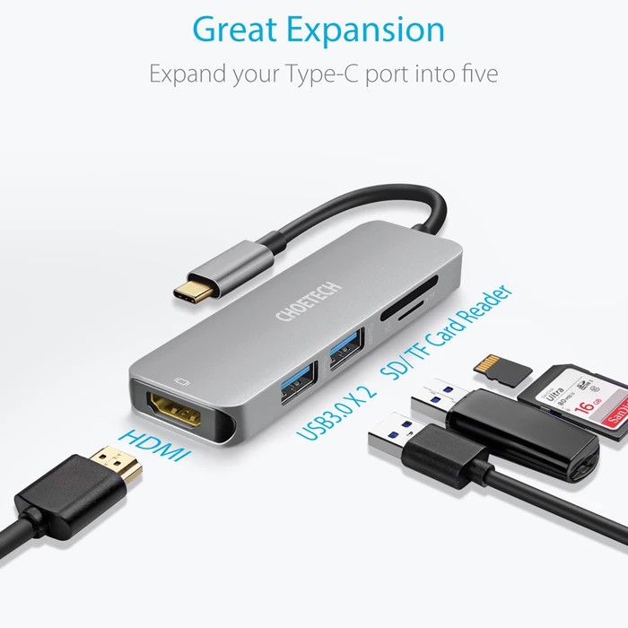 Hub Adapte 4 in 1 Type-C ra 2 cổng USB 3.0, cổng HDMI 4K, & cổng thẻ nhớ SD và thẻ TF hiệu CHOETECH M08 - Chính hãng