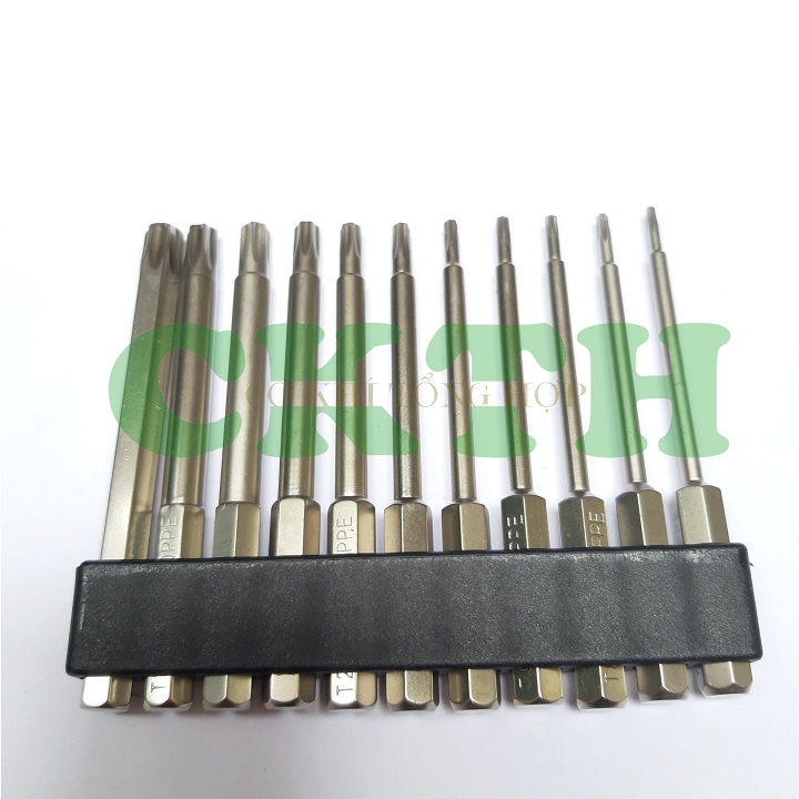 Mũi hoa thị lục giác có lỗ. Bộ 11 mũi vít hoa thị dài 75mm cho máy khoan và máy bắt vít hãng Broppe