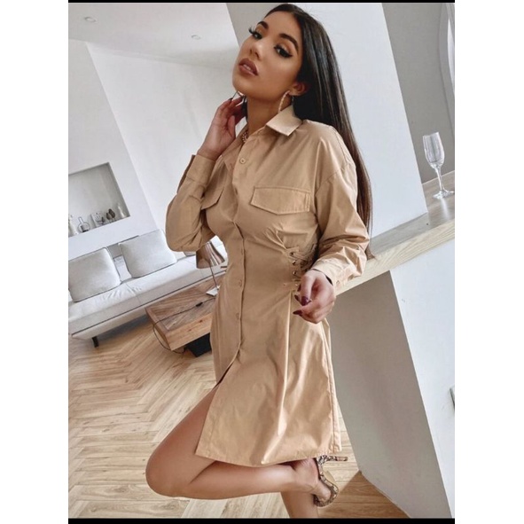 Đầm sơ mi đan dây eo sexy VNXK đầm tay dài màu nâu tây dáng ngắn mini laceup Fashion Nova xuất khẩu dư xịn