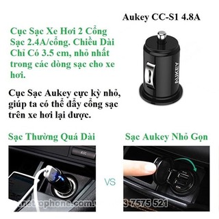 Củ Sạc Xe Hơi Mini Aukey CC-S1 Dual USB 4.8A( Cục Sạc Nhỏ Nhất )