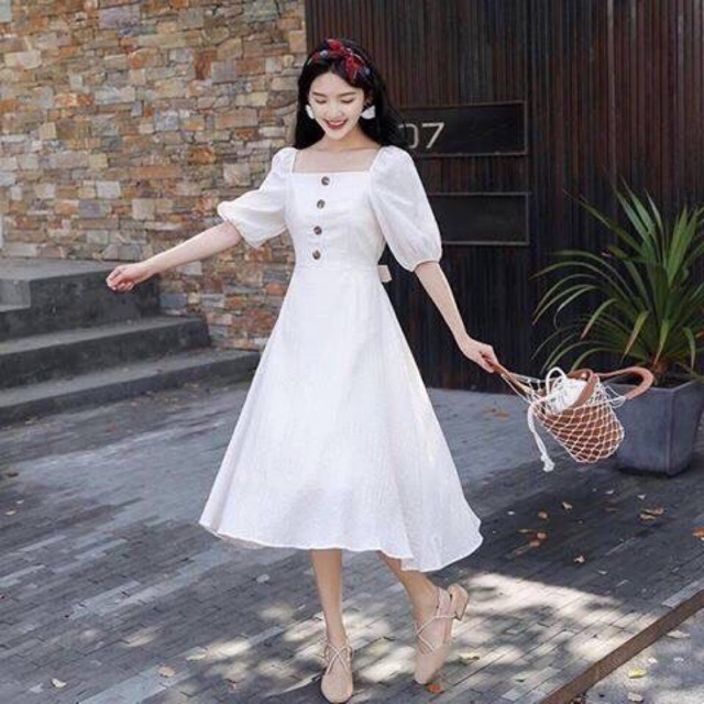 Đầm váy trắng xoè cổ U tay lỡ (kèm hình thật)