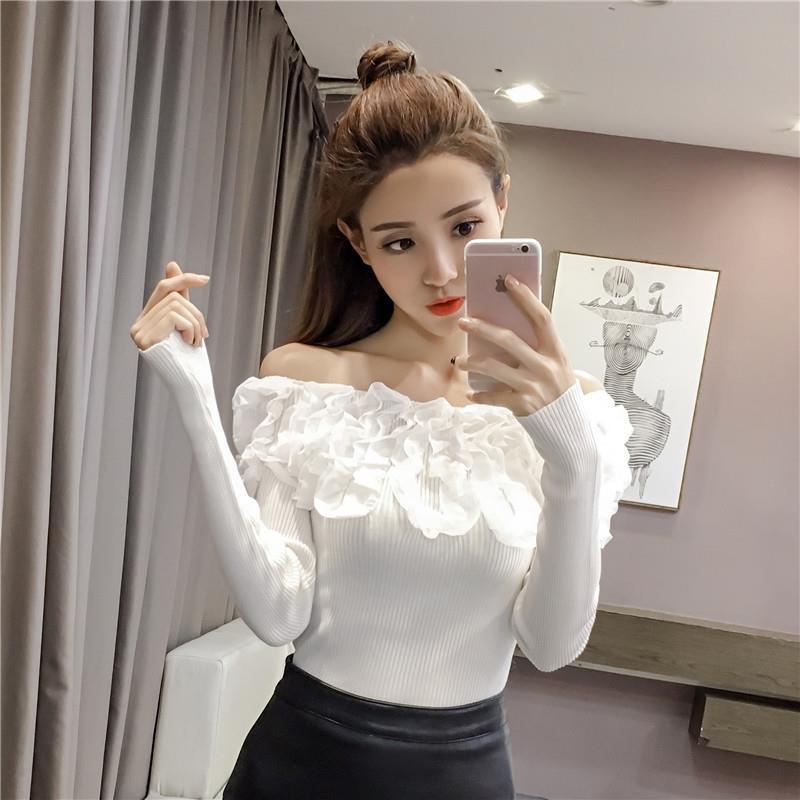 Fall new line neck sweater Korean women's long sleeve tight stretch bottoming shirt short pullover