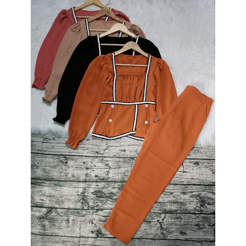 Set bộ tay dài cổ vuông phối viền trắng nút quần ống suông nhỏ bigsize 40-72kg | BigBuy360 - bigbuy360.vn